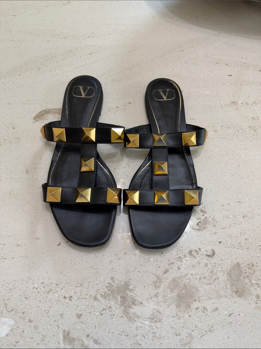 Valentino Black Leather Slides with Gold Pyramid Studs